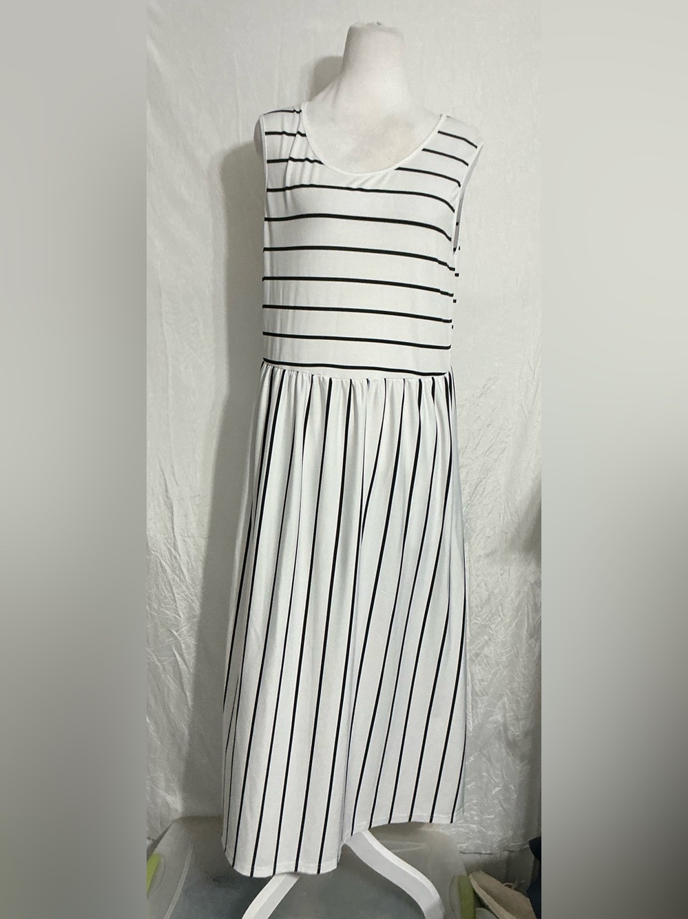 Sleeveless White Maxi Dress with Black Stripes